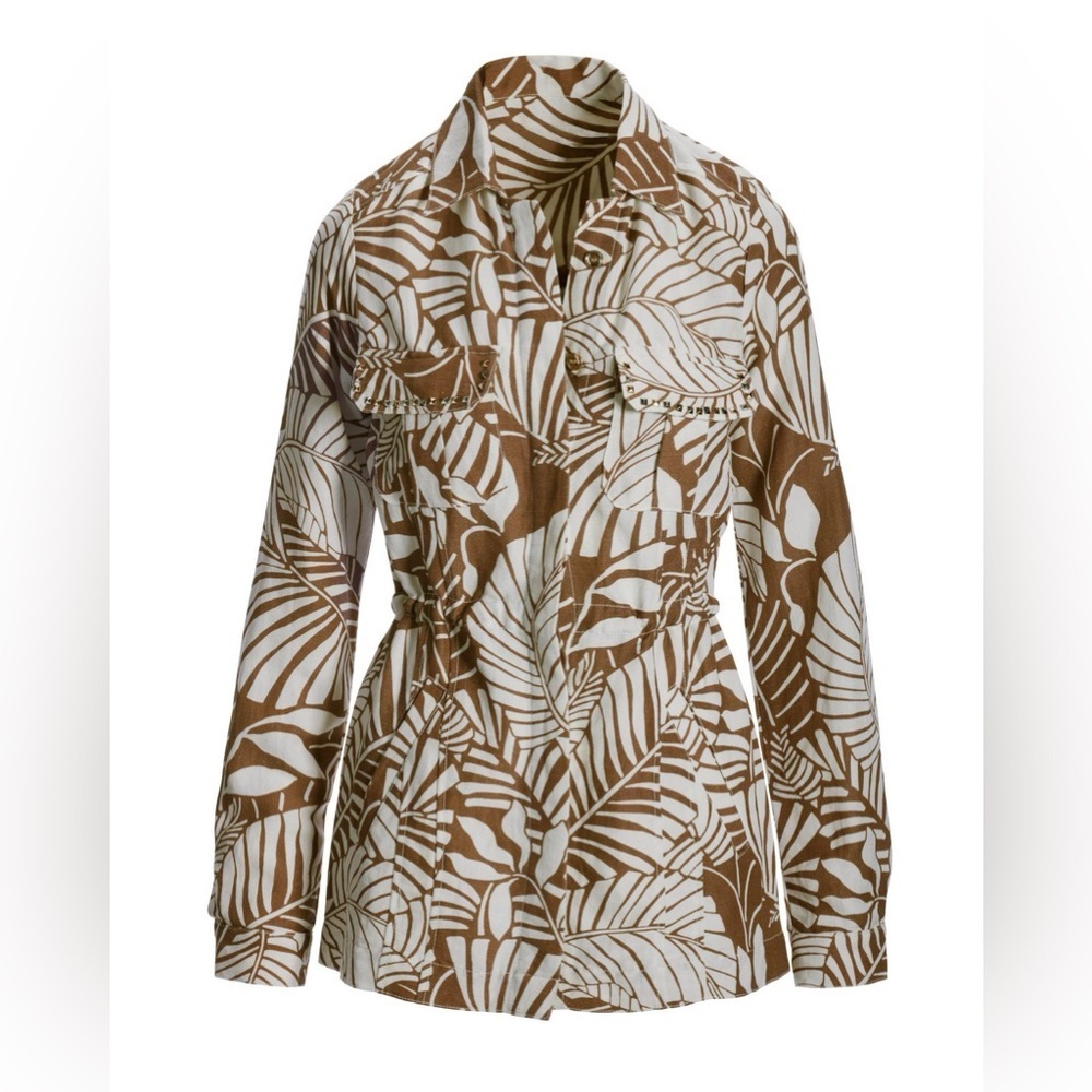 Boston Proper Outlined Florals Print Embellished Linen Utility Jacket Safari - Picture 2 of 15